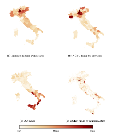 Maps of Italy showing the increase in solar panel area, NGEU funds by province, the organized crime index, and NGEU funds by municipality